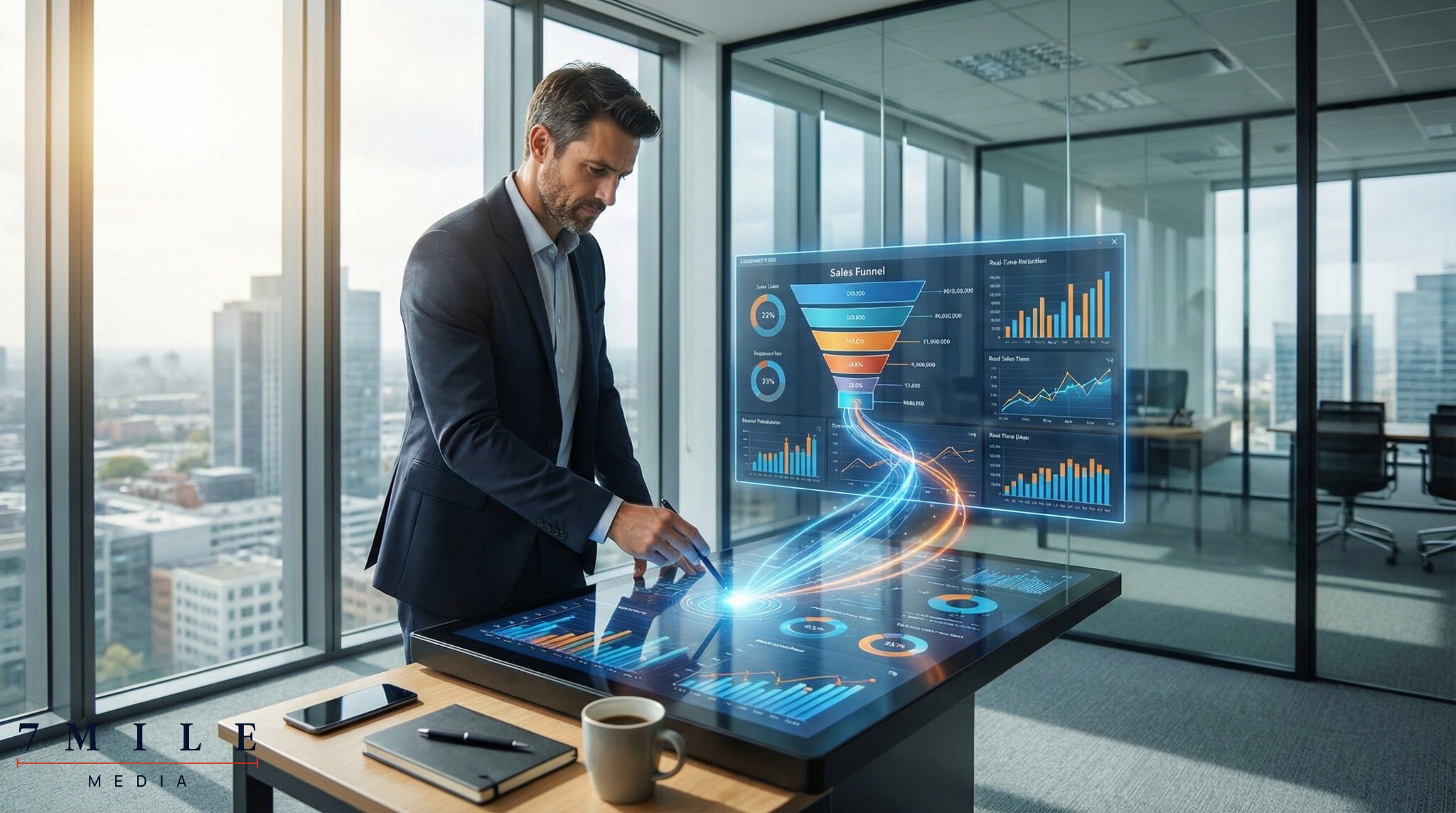 Professional businessperson interacting with a digital sales funnel display, representing data-driven marketing strategy in a modern workspace.