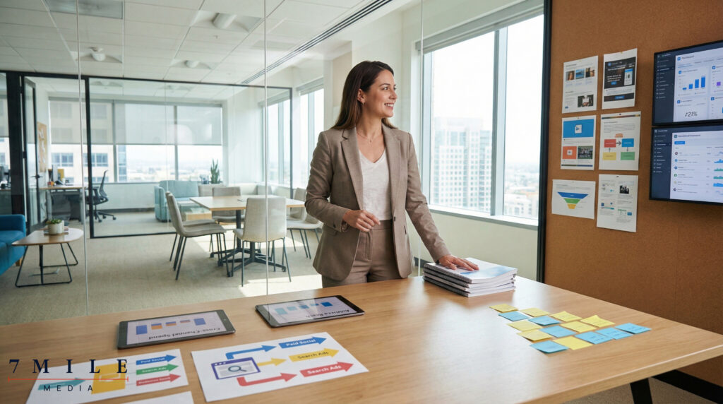 Businesswoman in modern workspace planning paid media strategies with campaign materials and creative ad mockups.