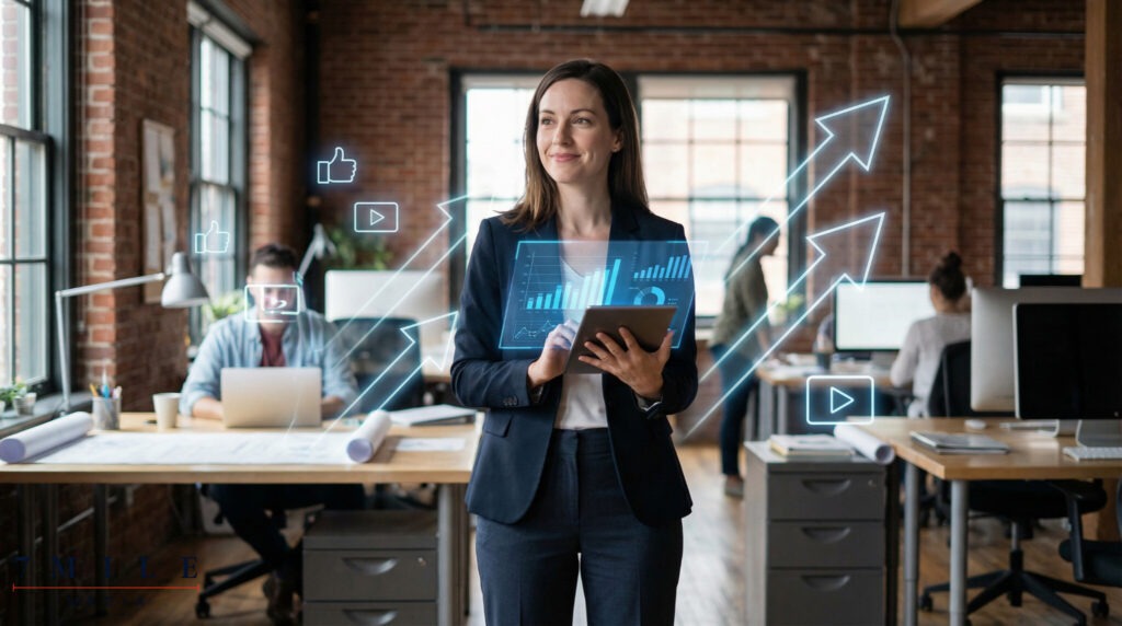 Businesswoman in a creative workspace, analyzing digital marketing data with holographic campaign elements.