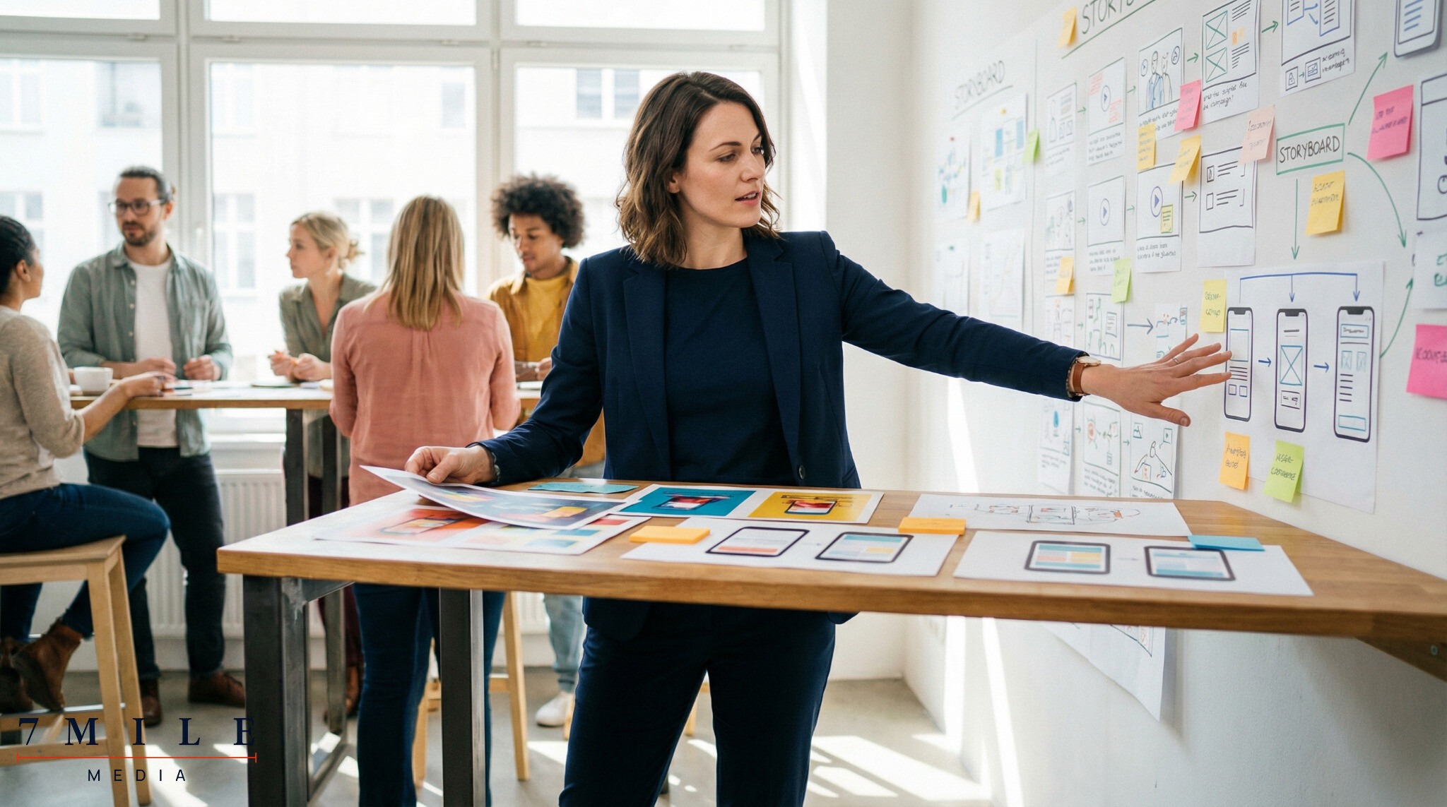 Professional woman in business attire reviews ad mockups and campaign storyboard in a creative workspace