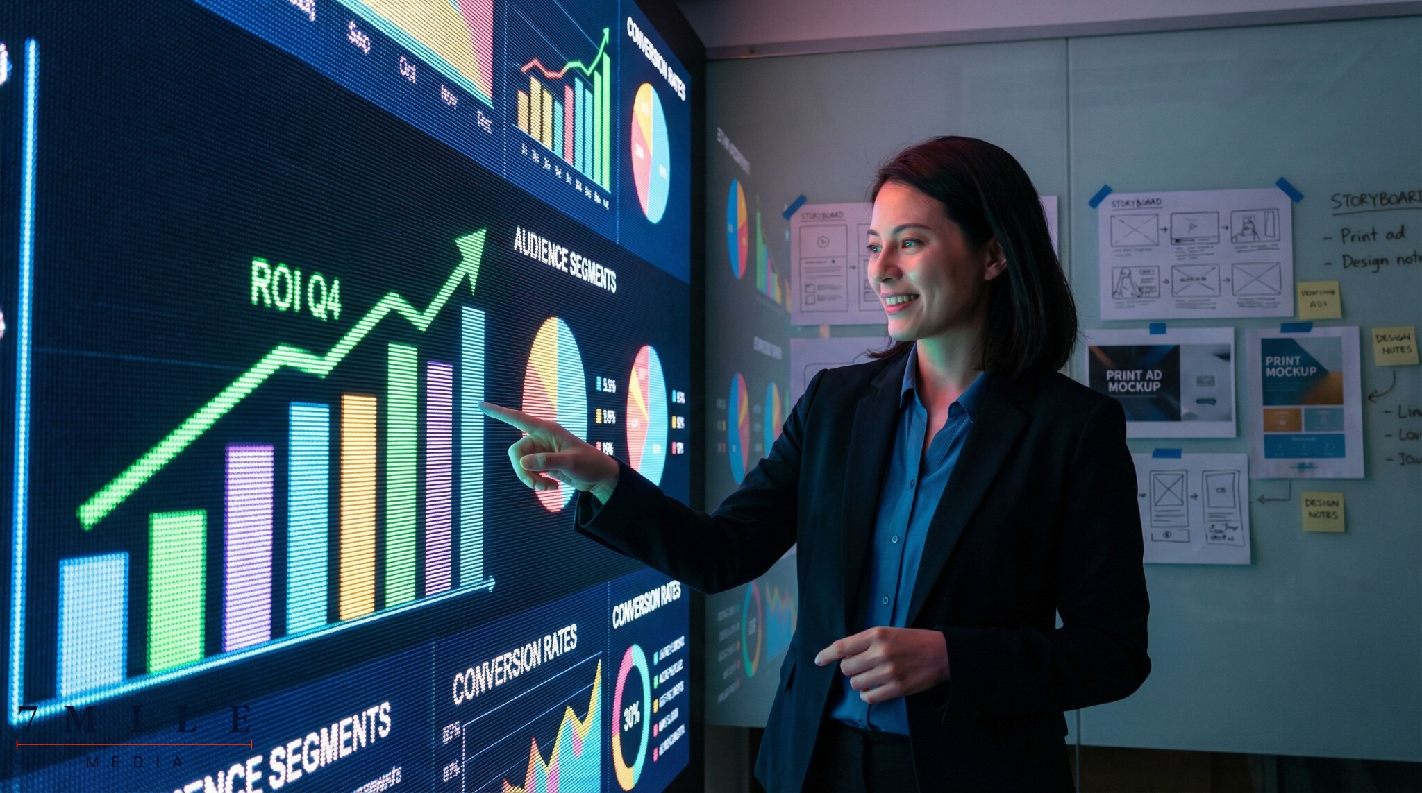 Business professional presenting campaign analytics and rising ROI chart in a vibrant marketing environment