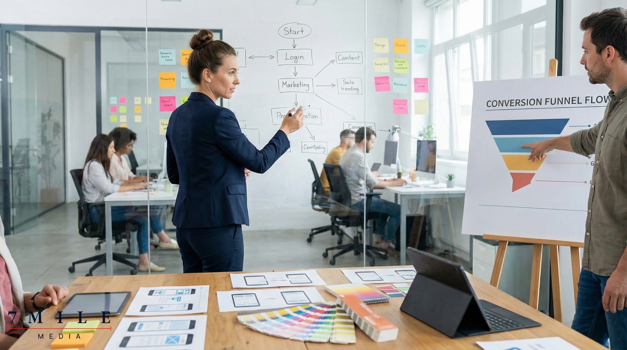 Business professionals collaborating on Google Ads strategy with creative assets, conversion diagrams, and data-driven optimization in a modern workspace.