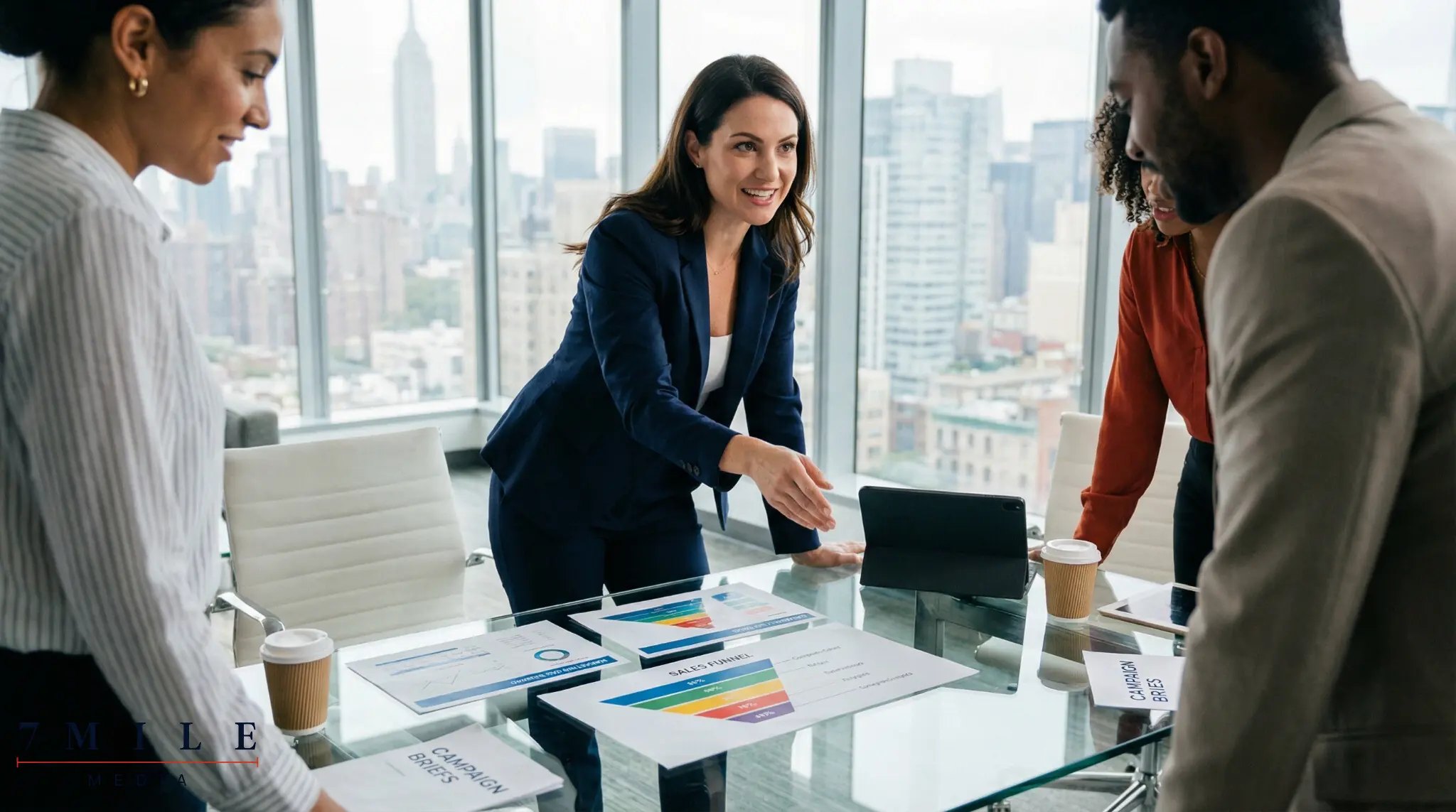 Businesswoman presenting marketing dashboards and sales funnel diagrams in a modern office, discussing KPIs with colleagues.