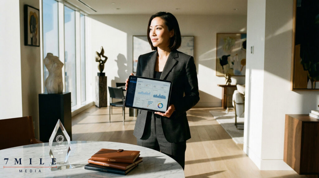 Businesswoman in luxury office holding tablet with analytics, signifying data-driven lead generation for high-value businesses.