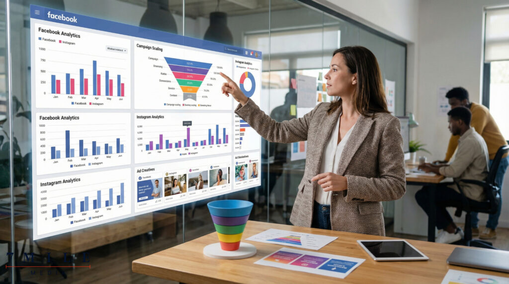Businesswoman analyzing Facebook and Instagram advertising analytics on a glass wall in a modern creative studio.