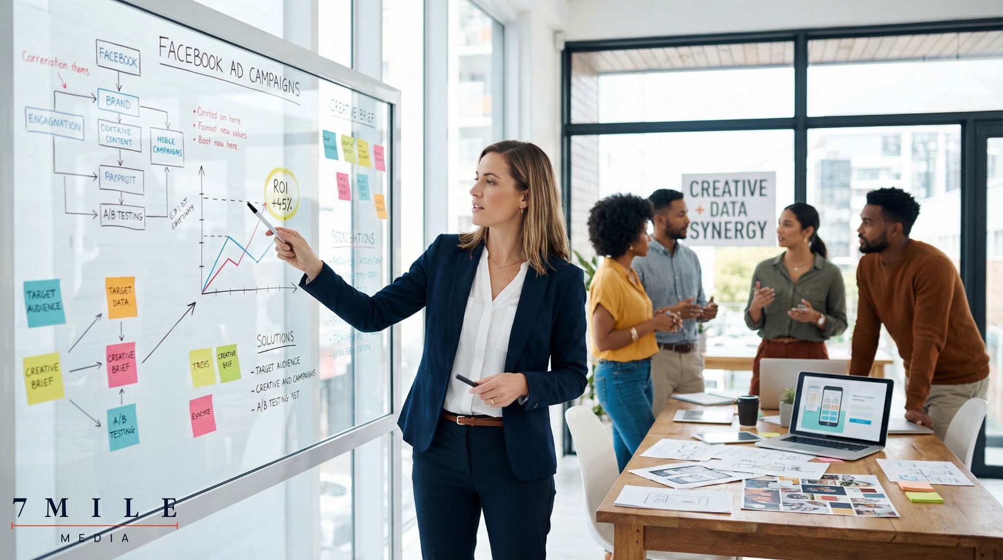A business professional explains Facebook ad campaign strategies and data, surrounded by marketing visuals and a creative team.