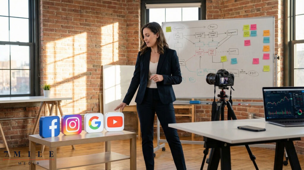 Businesswoman in creative marketing studio with campaign planning materials for Facebook, Instagram, Google, and YouTube.