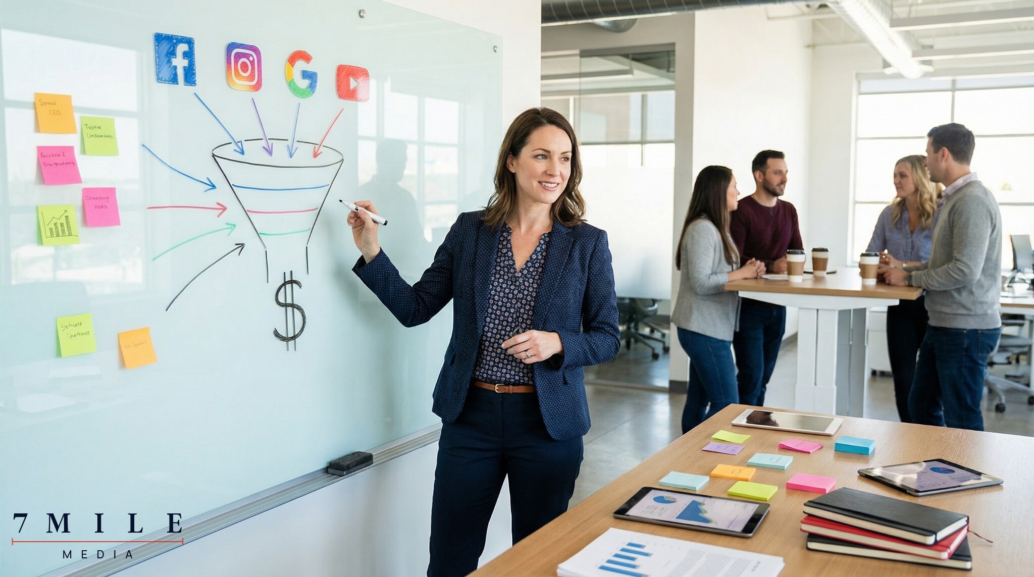 A businesswoman explaining a digital marketing funnel converting social media leads to revenue on a whiteboard.