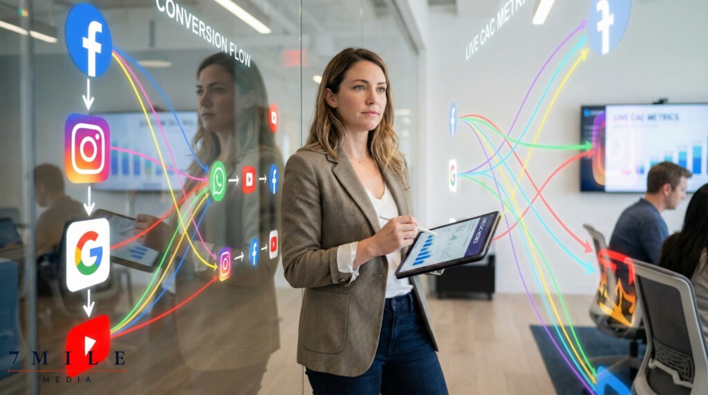 Marketing strategist in business attire analyzing real-time CAC data and platform connections in a modern workspace