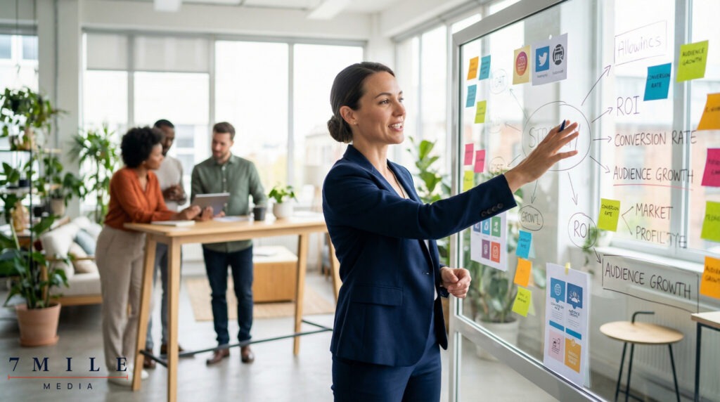 Business professional presenting digital marketing KPIs on a glass whiteboard in a creative, collaborative workspace.