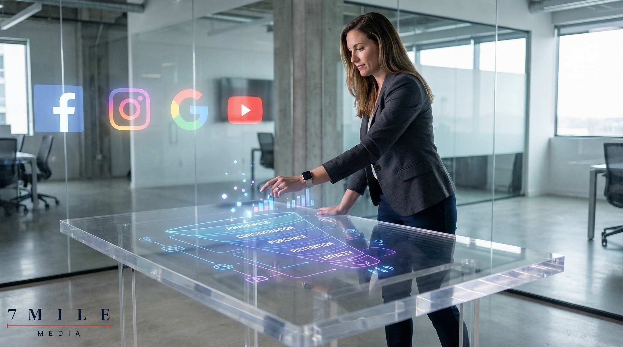 Businesswoman in modern workspace interacting with a digital client acquisition funnel projection, multi-channel icons in background, symbolizing data-driven marketing.