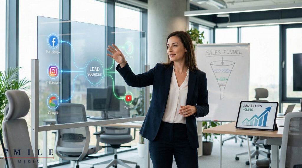 Business professional in modern workspace with digital lead generation dashboard and premium analytics symbols, showcasing data-driven strategies for high value services.