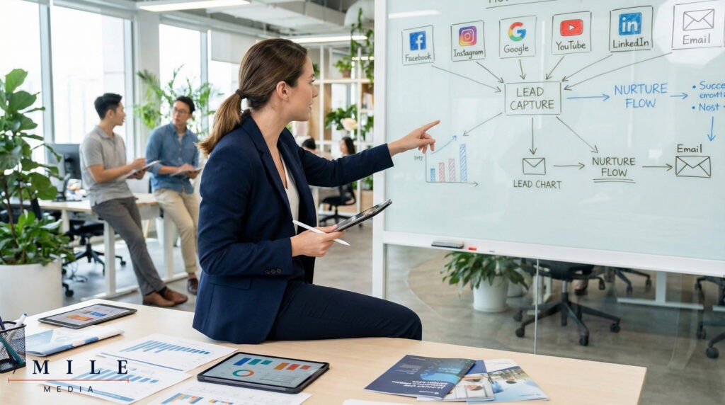 Businesswoman strategizing multi-channel lead generation with analytics charts and channel icons in a creative workspace
