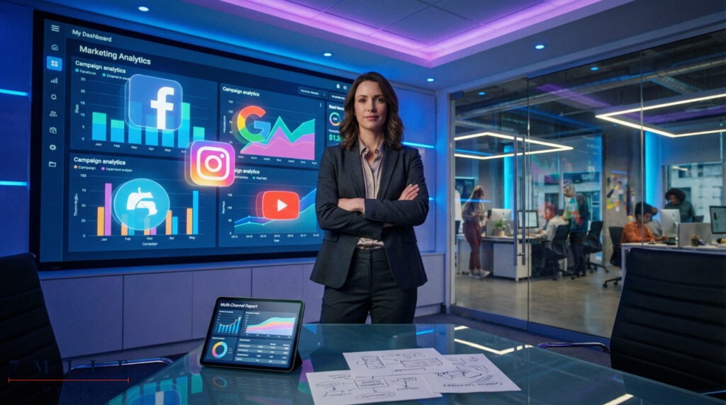 Businesswoman in a modern conference room, surrounded by digital marketing analytics and major platform logos, symbolizing advanced campaign strategy for established businesses.