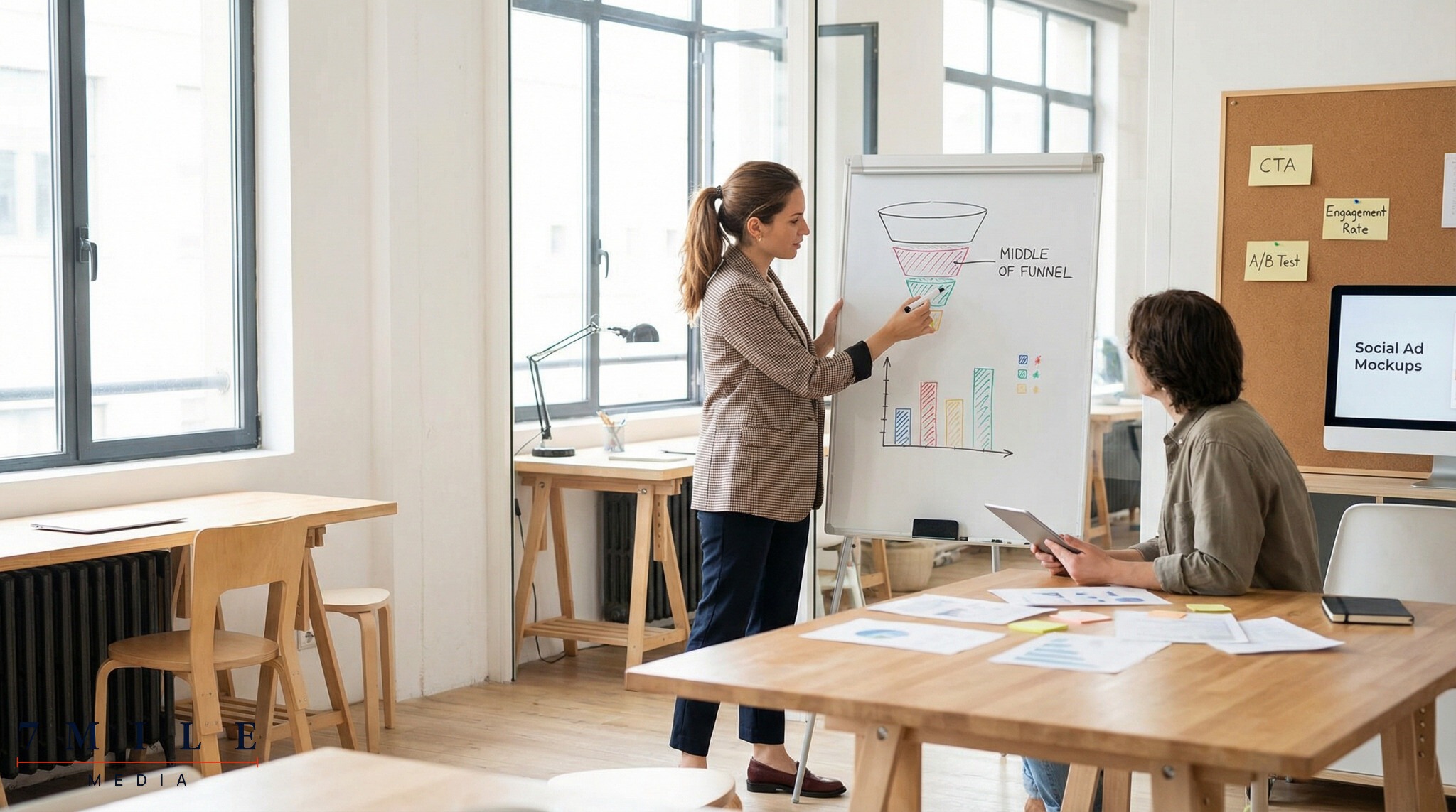 Business team discussing funnel and landing page strategies at a creative workspace with diagrams and marketing materials
