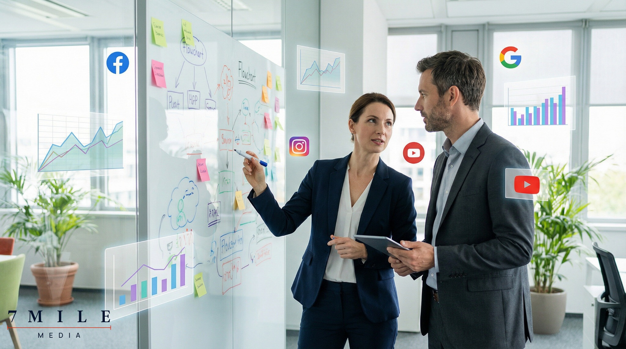 Professional marketers strategizing paid media campaigns with creative assets and platform visuals in a modern workspace