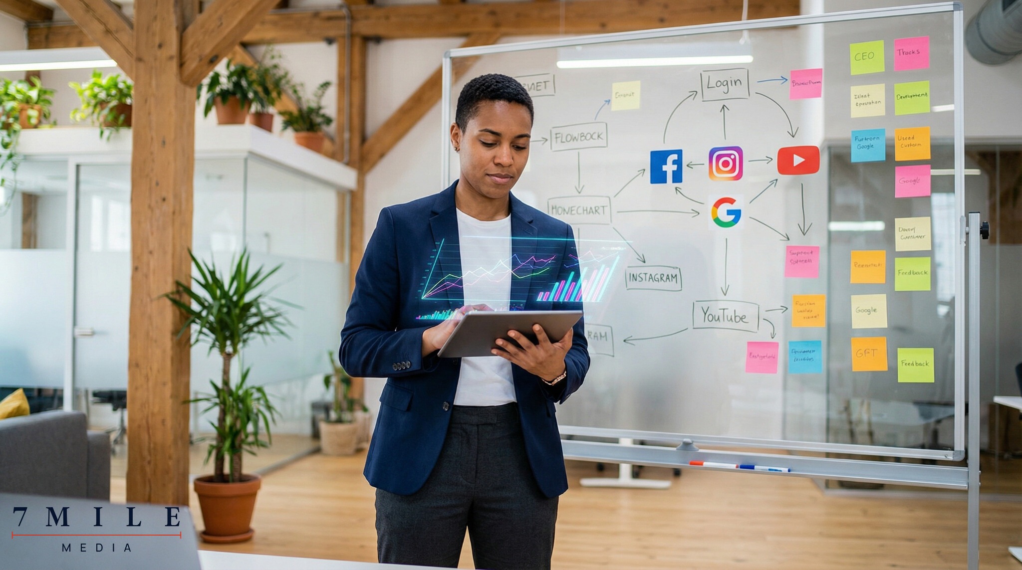 Business professional analyzing multi-channel marketing analytics and strategies in a creative workspace