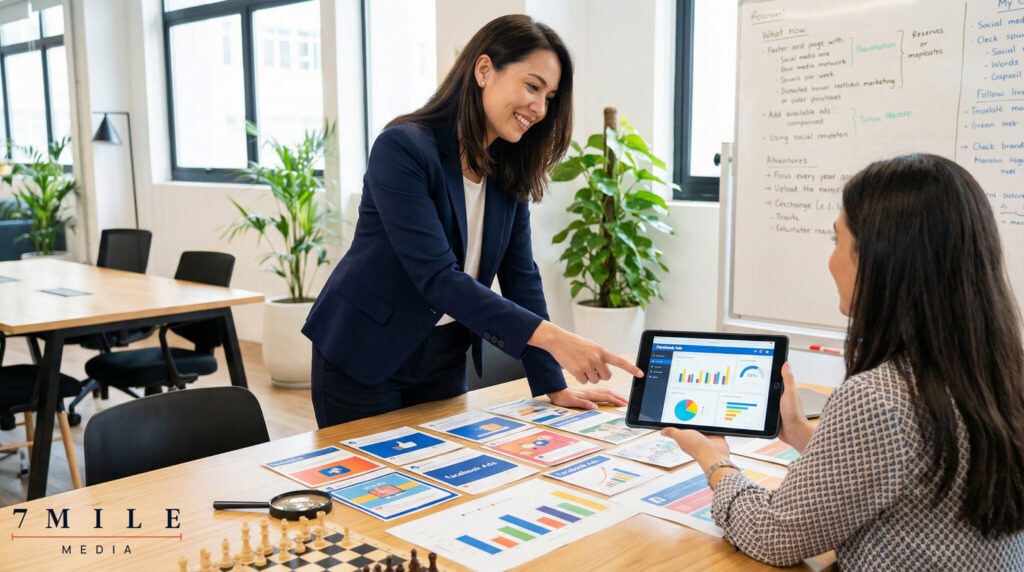 Marketing professionals in business attire review Facebook campaign strategy materials in a creative workspace, focusing on low CPC ad optimization.