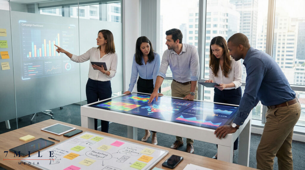 Professional marketing team collaborating around a digital table with campaign analytics and data visualizations for cross-platform direct response advertising.