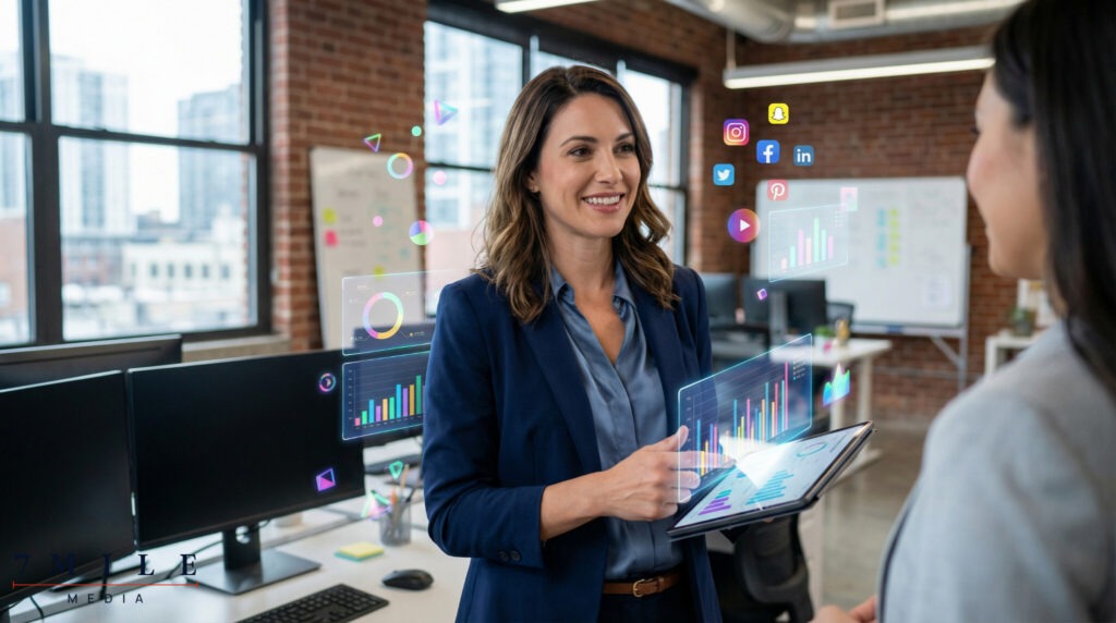 Businesswoman in modern workspace surrounded by digital marketing graphs, data visuals, and creative assets, symbolizing scaling paid media campaigns.