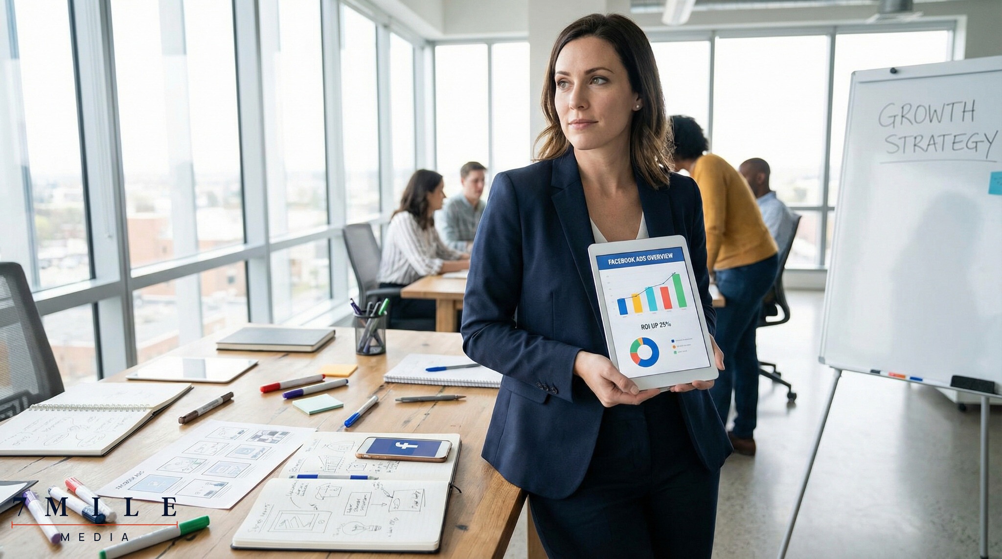 Businesswoman strategizing Facebook advertising in a modern workspace with marketing materials and analytics.