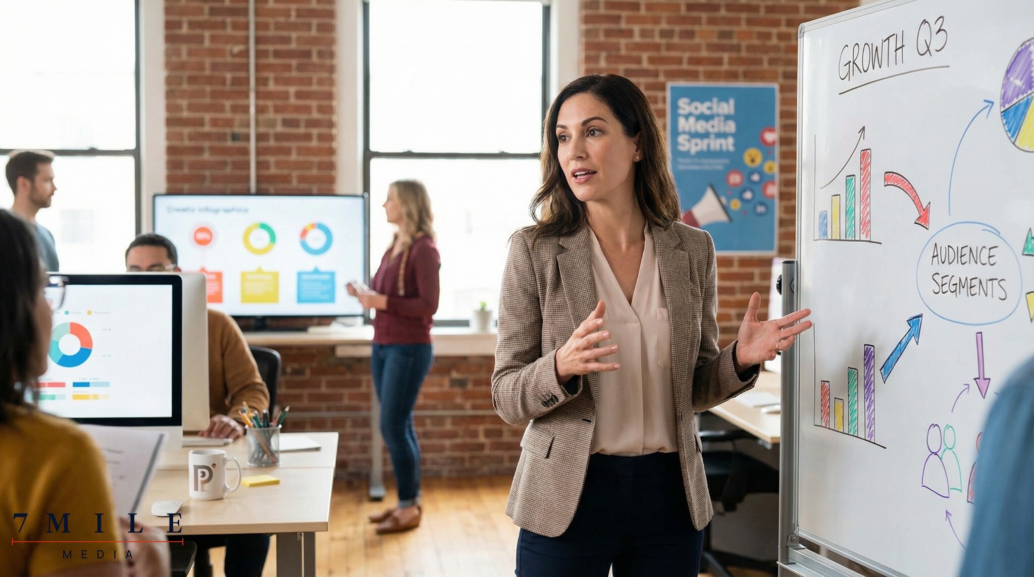 Business professional presenting lead generation strategies in a creative workspace with marketing data visualized around them