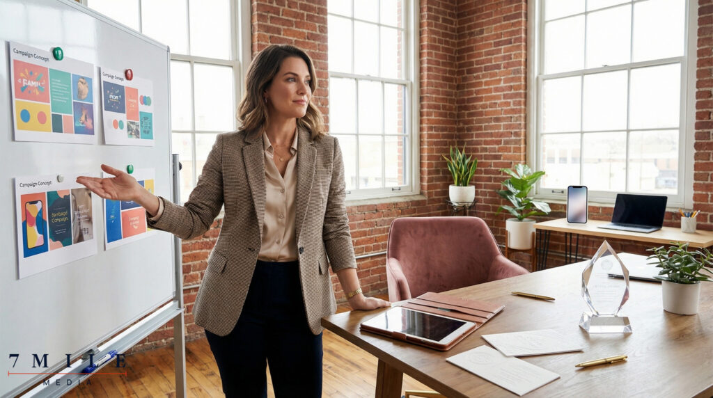 Elegant businesswoman in a creative workspace planning luxury marketing campaigns with premium digital and physical materials.