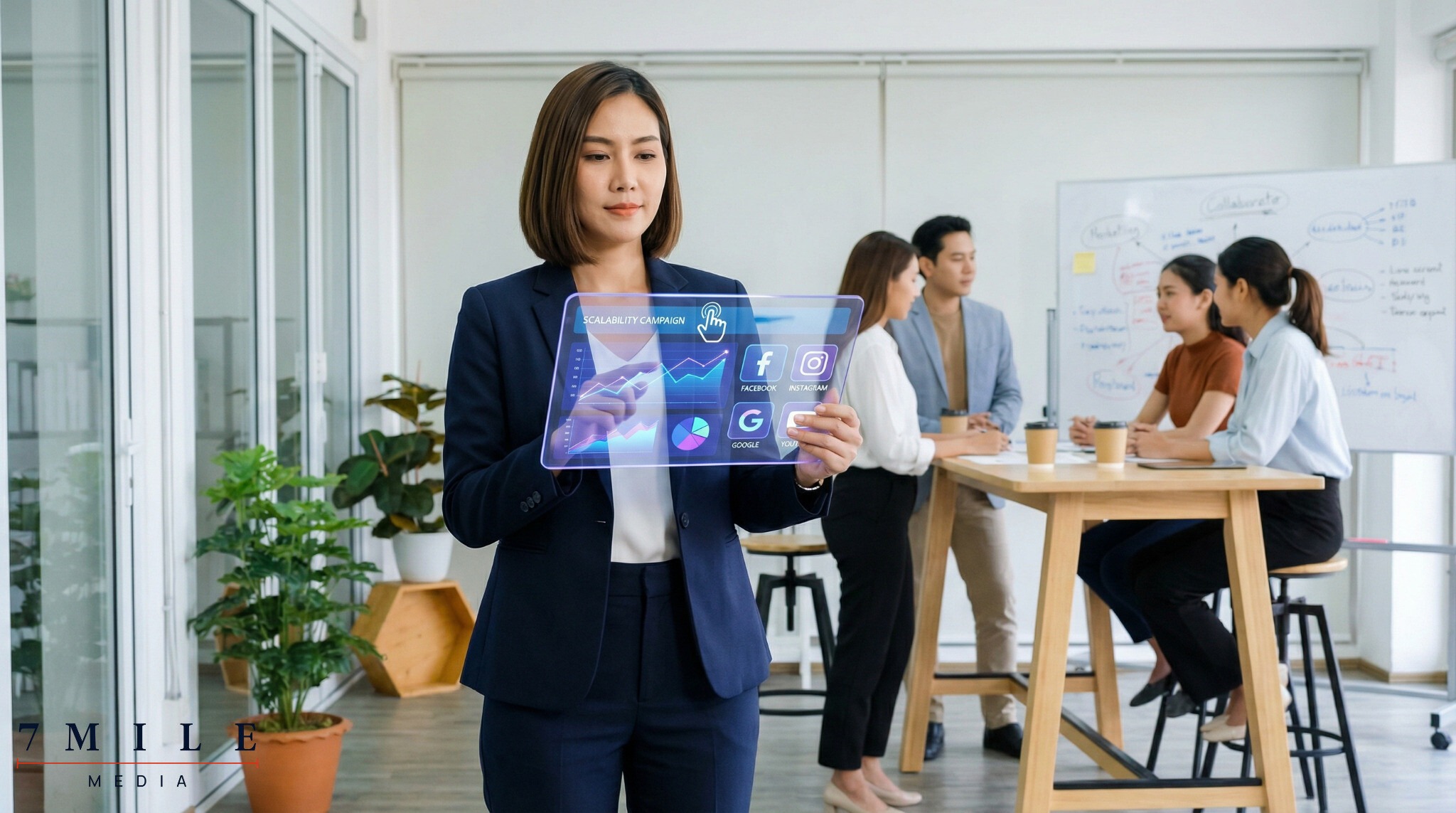 Confident businesswoman using a transparent digital dashboard to analyze marketing campaign data for Facebook, Instagram, Google, and YouTube in a modern workspace.