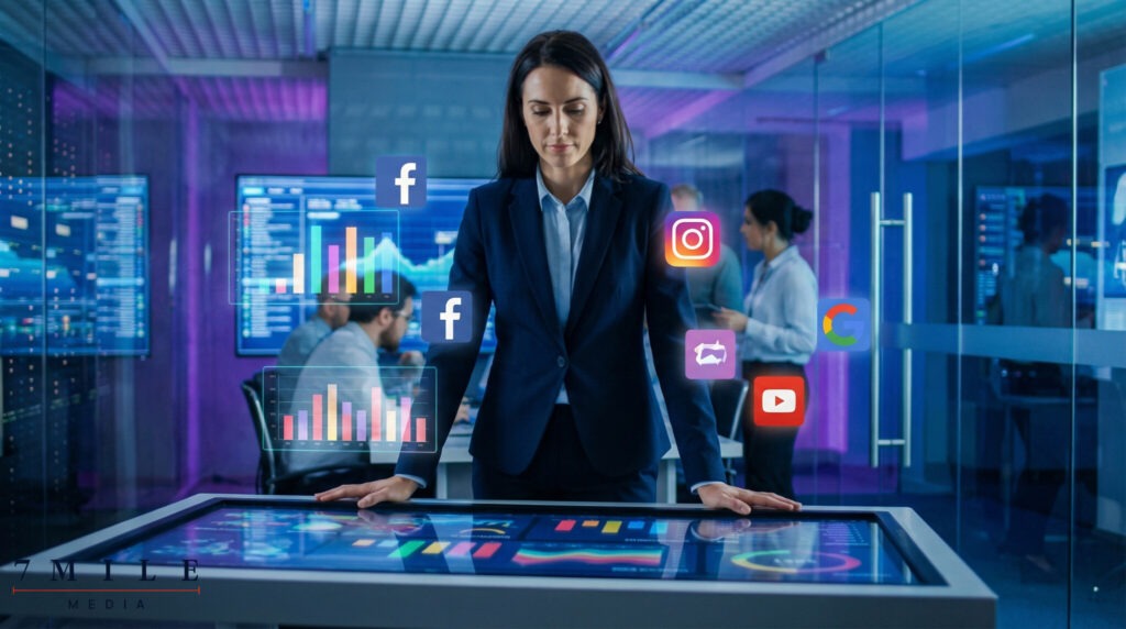 Businesswoman in a modern marketing workspace analyzing data-driven lead generation across Facebook, Instagram, Google, and YouTube.