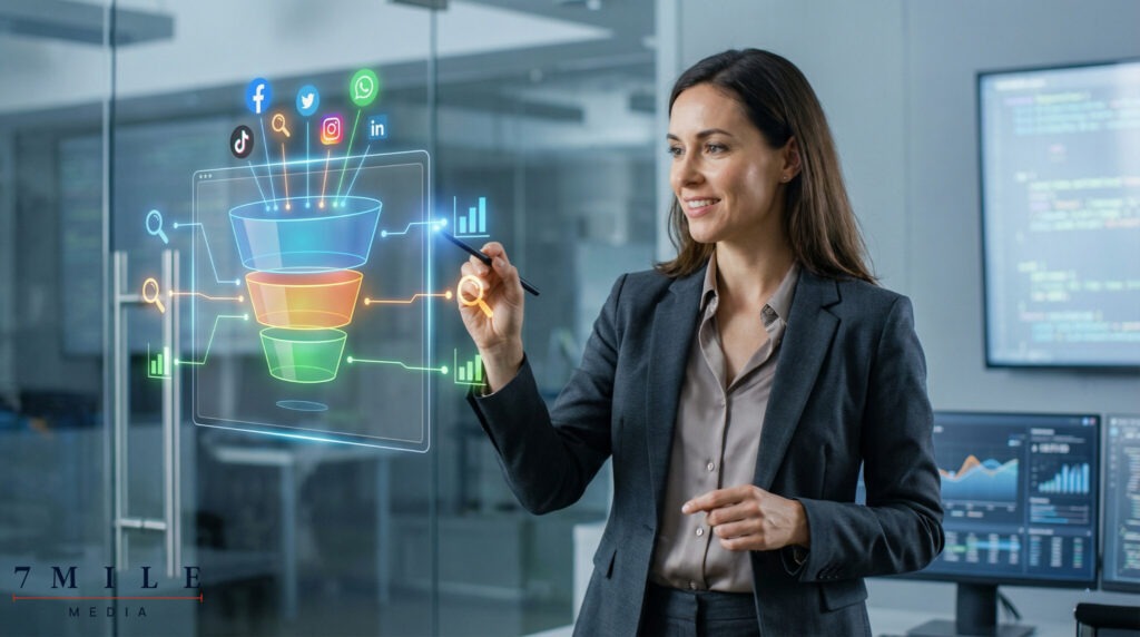 Businesswoman presenting a digital marketing funnel with dynamic analytics and interconnected MarTech elements in a modern workspace.