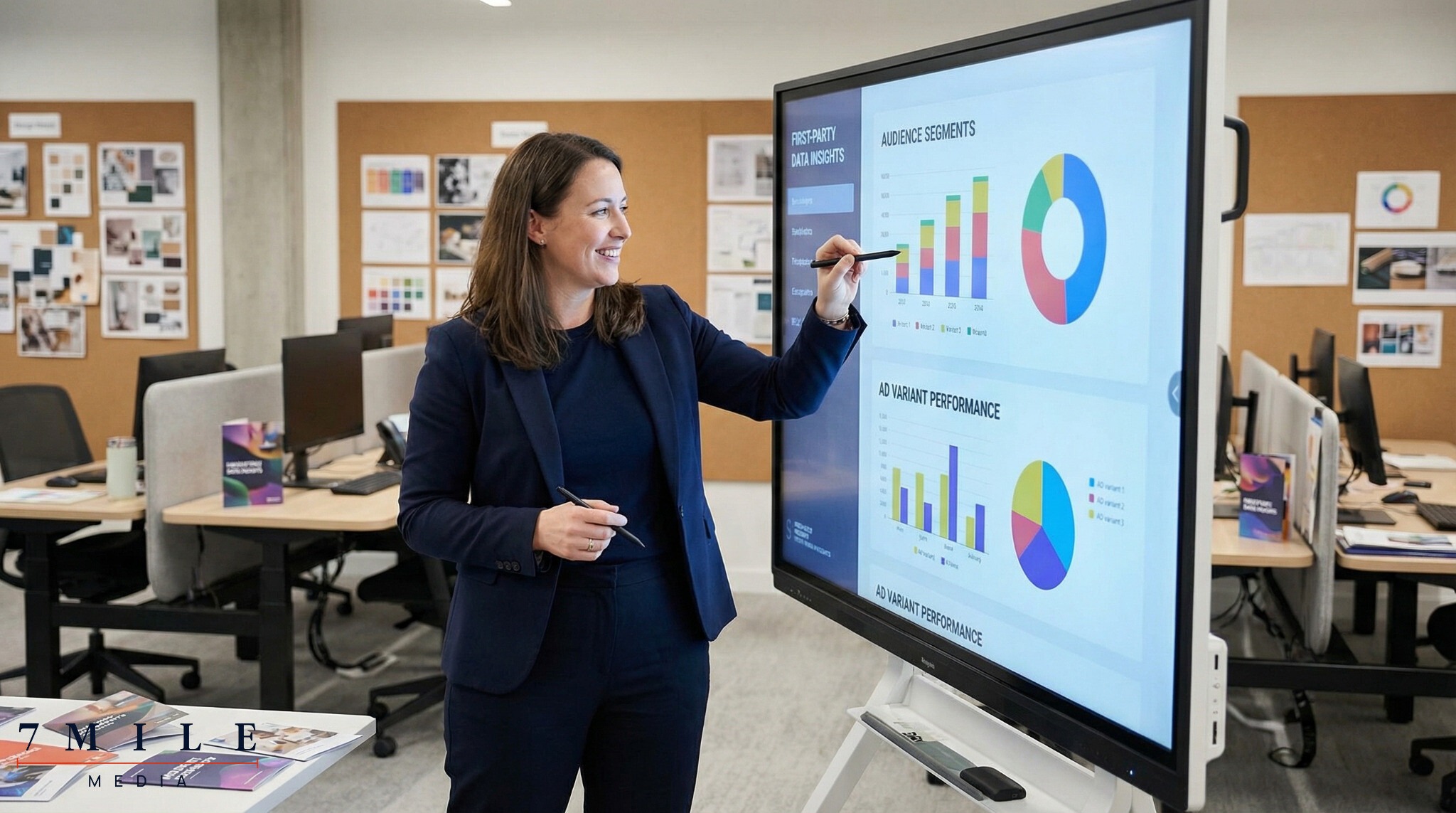 Businesswoman analyzing marketing performance data on a large digital dashboard, illustrating data-driven strategies for high-value businesses.