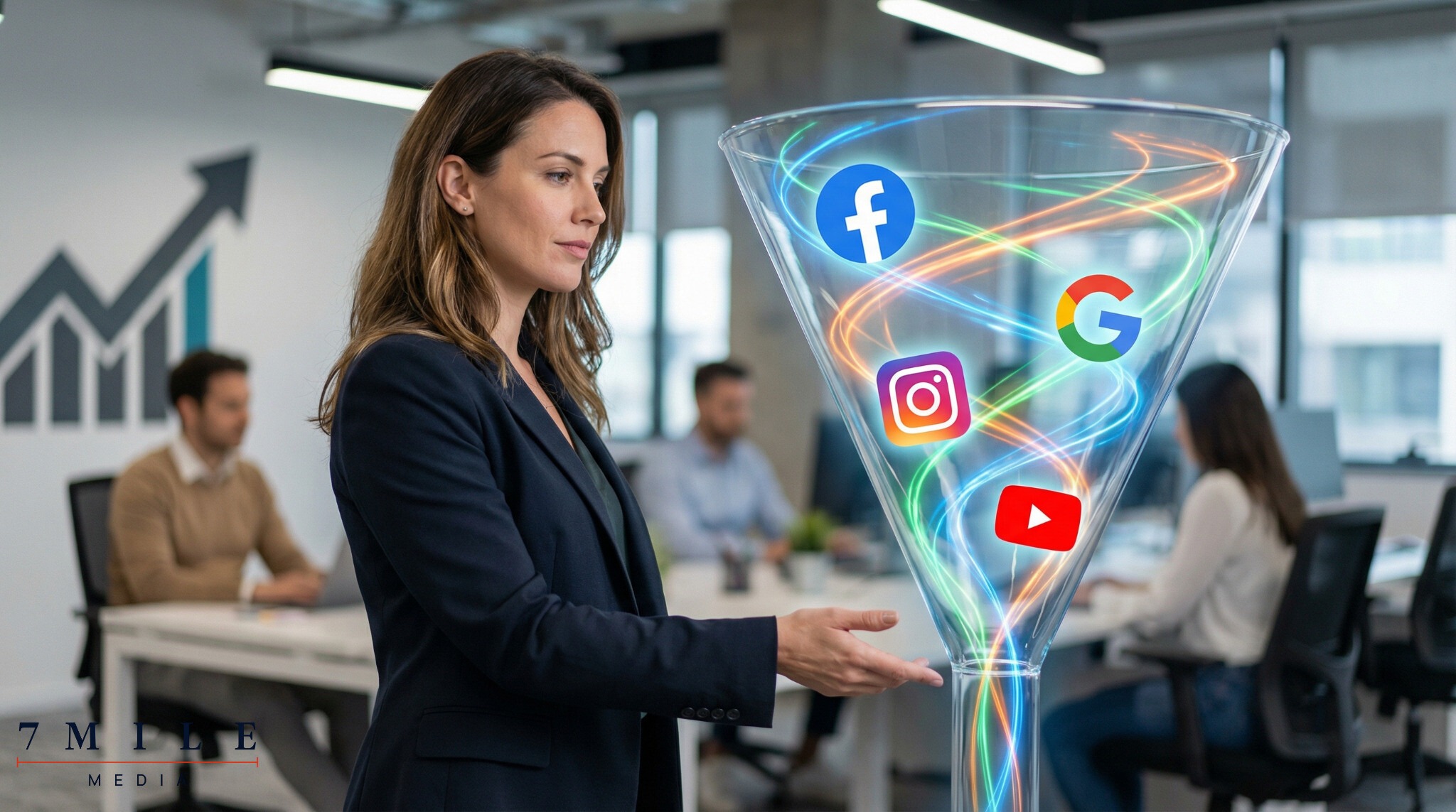 Businesswoman optimizing a digital conversion funnel with platform icons in a modern marketing workspace