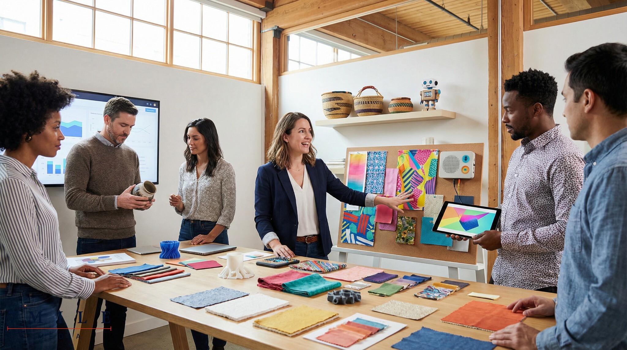 Businesswoman and creative team collaborating over multisensory marketing assets in a modern, culturally inspired workspace.