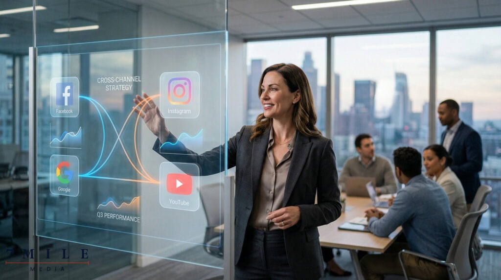 Businesswoman in business attire presenting performance marketing strategies on a transparent digital board showing Facebook, Instagram, Google, and YouTube data in a modern office.