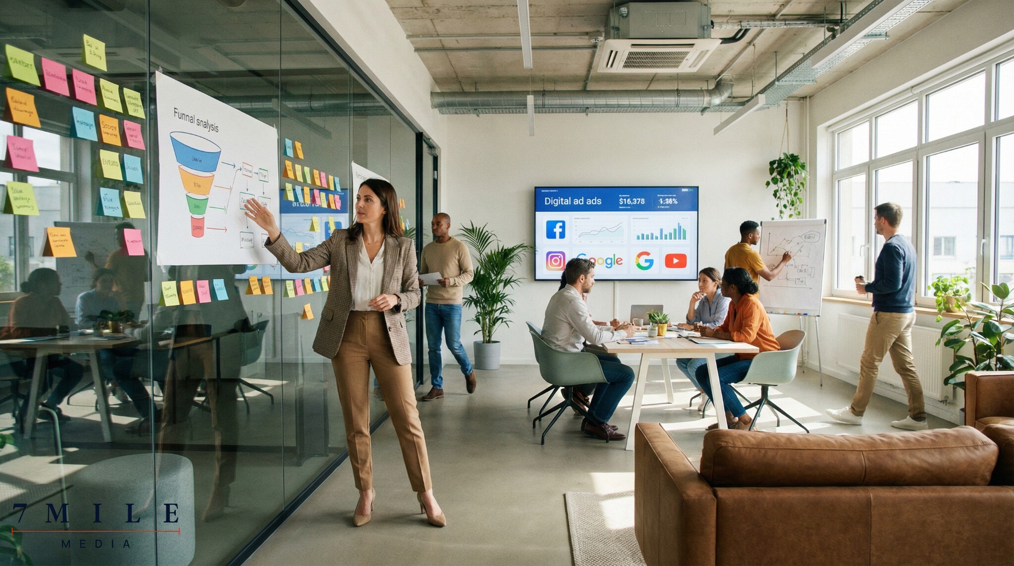 Marketing strategist in business attire presenting funnel design best practices with data visualizations and platform icons in a modern workspace.