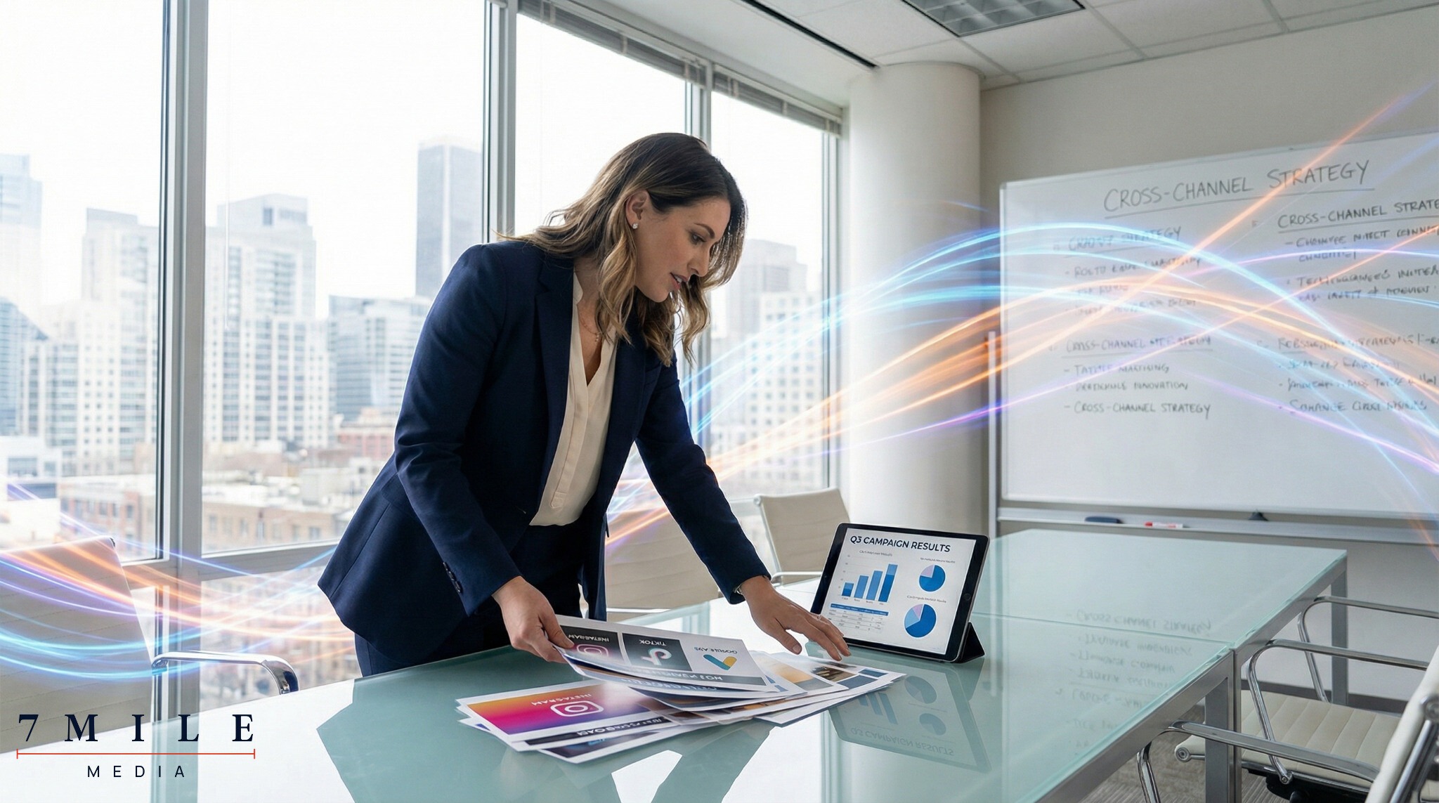 Businesswoman organizing paid media strategy materials and data charts in a modern, creative workspace.