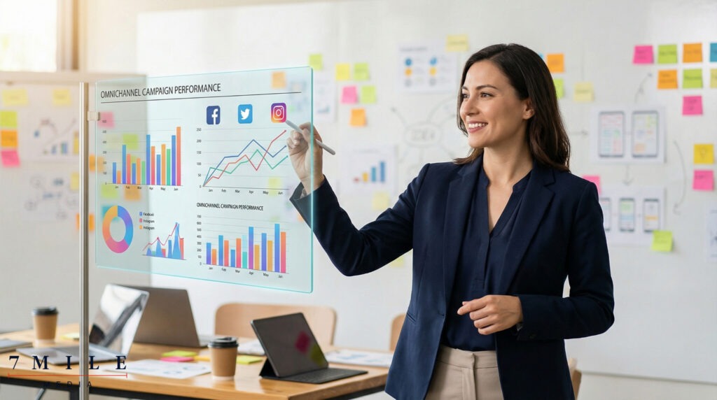 Business professional presenting cross-platform data-driven marketing analytics in a modern creative workspace.