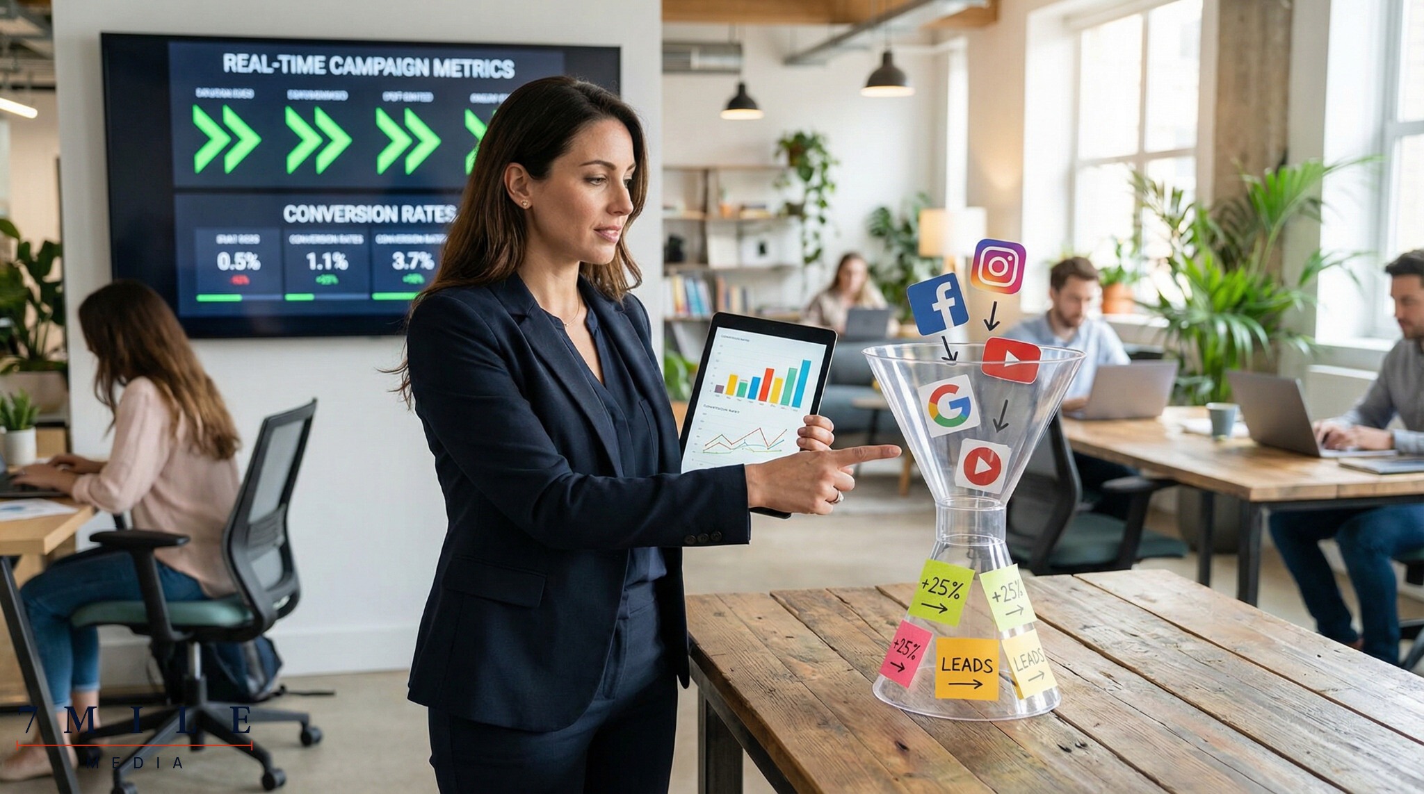 Businesswoman analyzing digital marketing funnels and campaign data surrounded by symbols of Facebook, Instagram, Google, and YouTube.