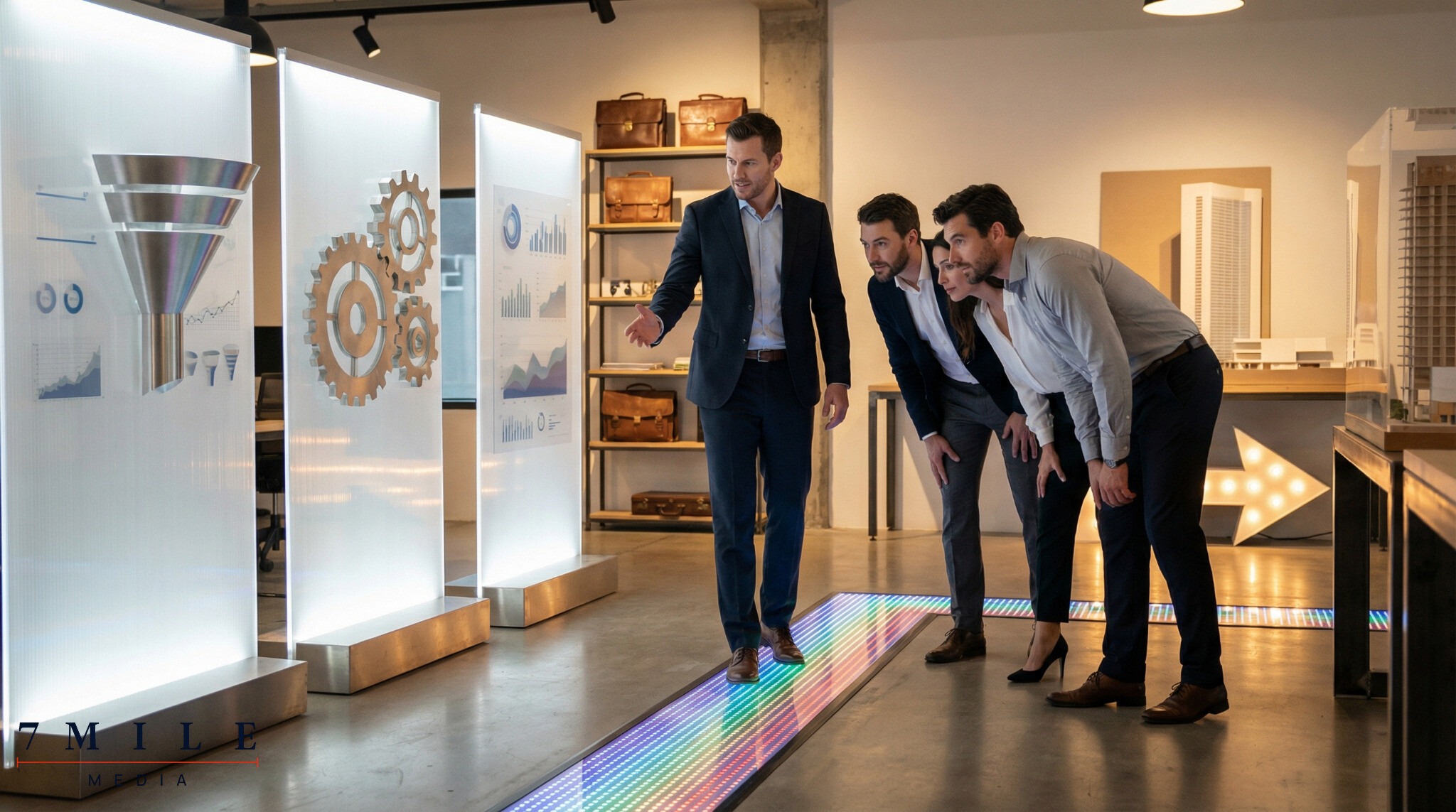 Business professional leading premium clients through a visually symbolic multi-stage sales funnel in a creative marketing workspace