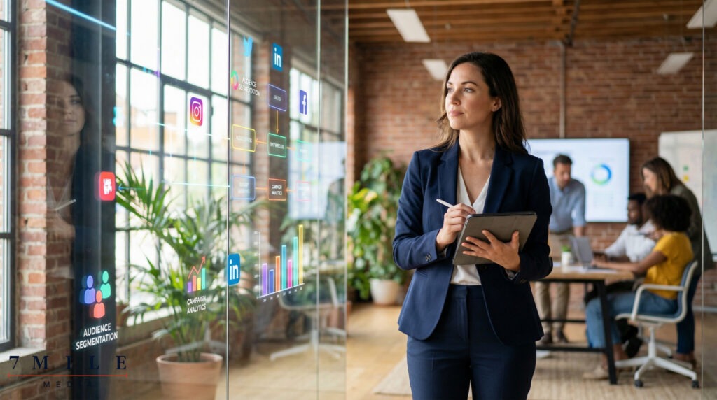 Business professional analyzing digital marketing data with dynamic campaign visuals and social media icons in a modern workspace