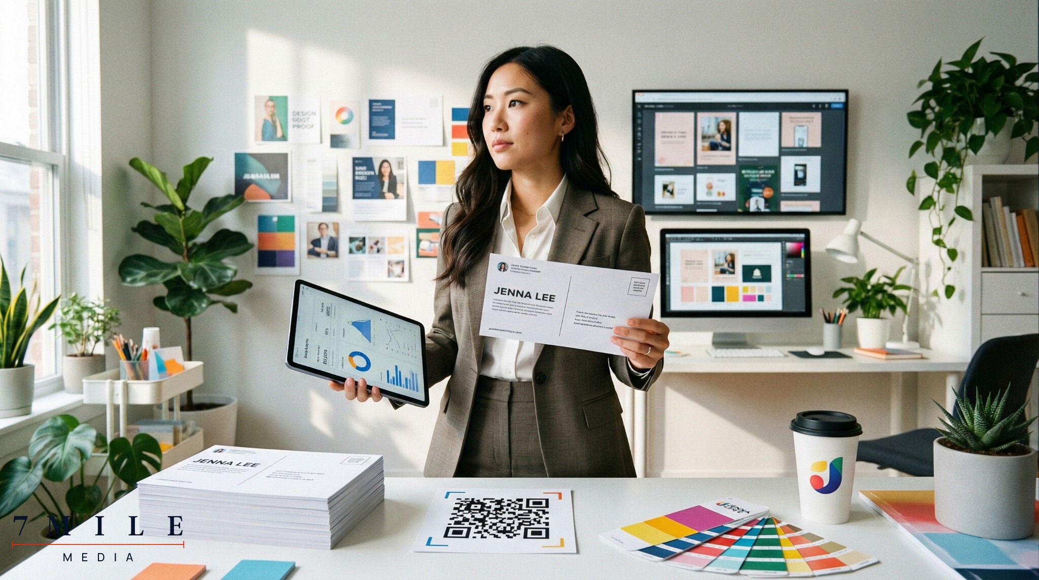 Businesswoman at creative workspace analyzing direct mail and digital marketing data, symbolizing modern direct response strategies.