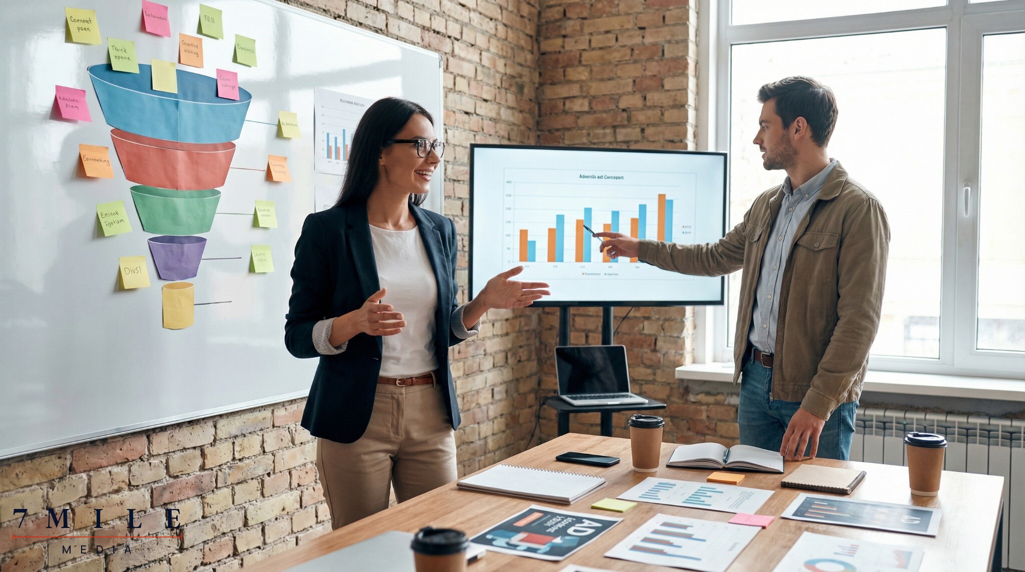 Direct response marketers analyzing a multi-stage marketing funnel with creative assets and conversion charts in a collaborative workspace.
