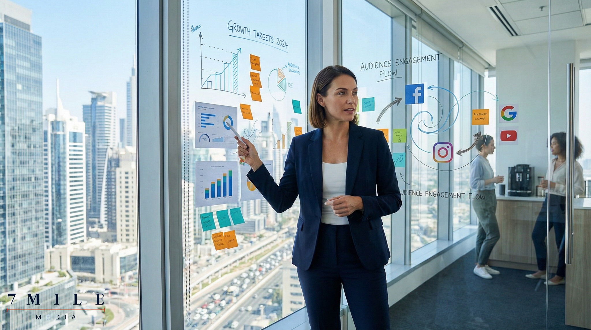 Businesswoman planning digital marketing strategy on glass board with data charts and social platform icons in modern office