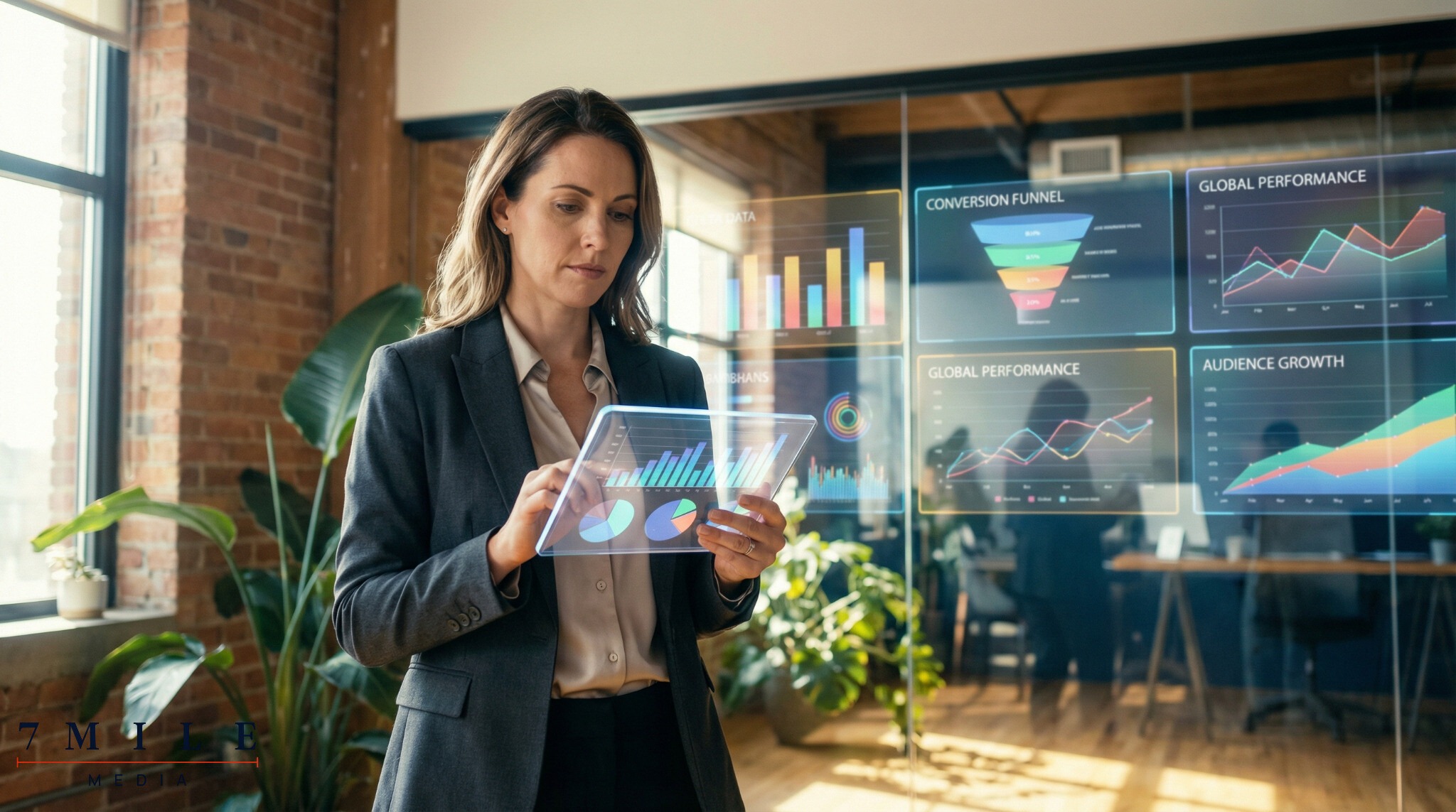 Marketing strategist analyzing campaign ROI on digital dashboards in a modern workspace