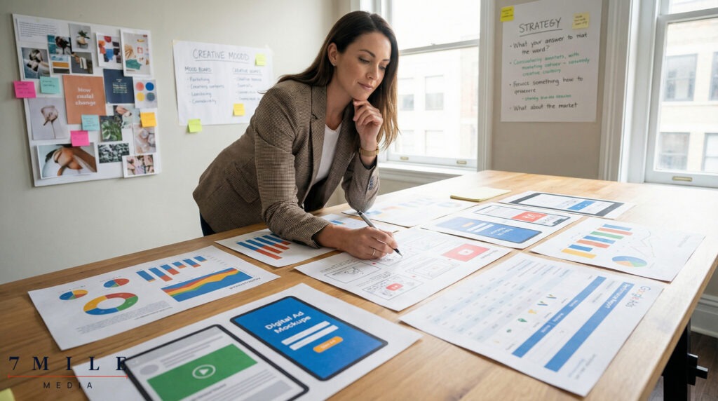 Businesswoman in a creative workspace analyzing Google and YouTube ad campaign materials including charts and video storyboards