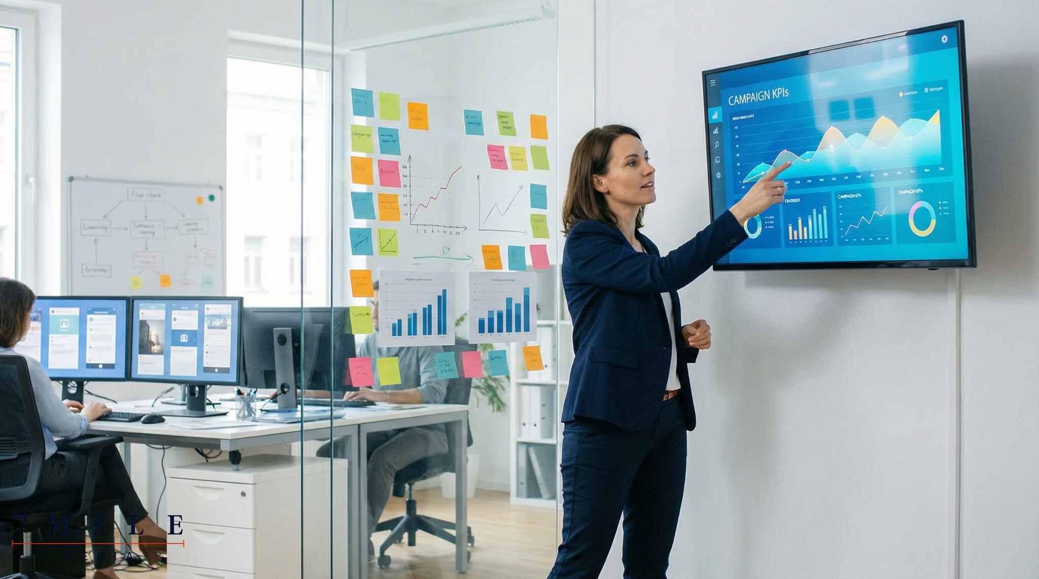 Professional woman analyzing campaign KPIs on a digital dashboard in a modern marketing workspace, surrounded by planning materials.
