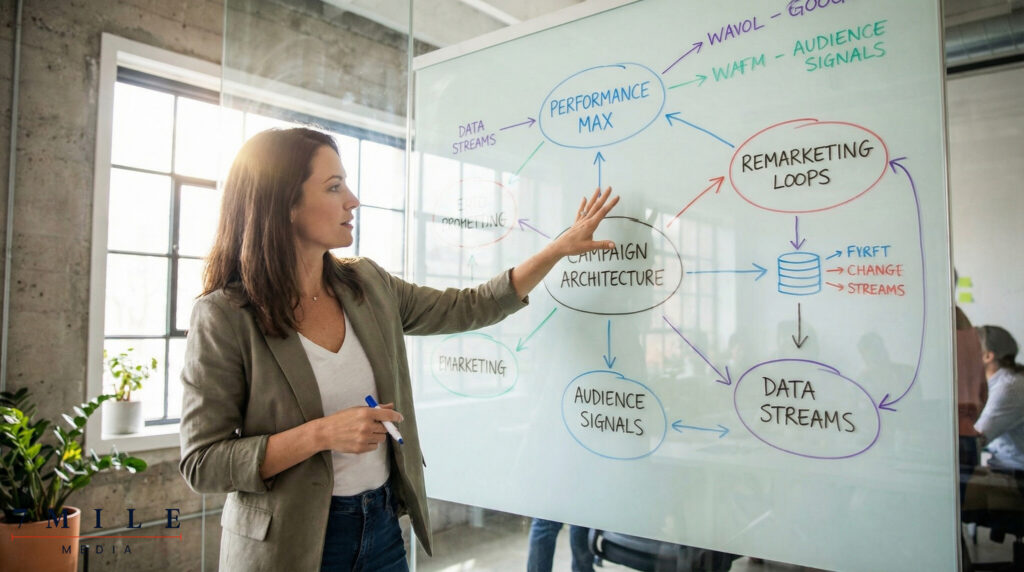 Business professional planning Google Ads strategies on a glass board with diagrams and flowcharts, symbolizing advanced digital marketing management.