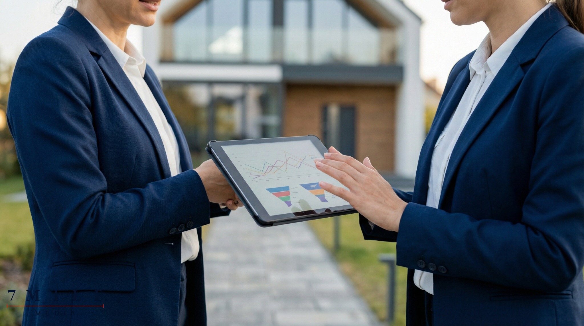 Confident real estate professional holding a tablet with data dashboard, standing near a modern property, symbolizing data-driven funnel optimization.