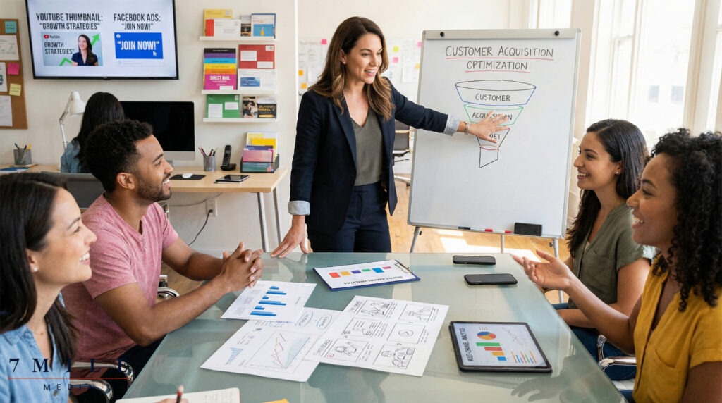 Businesswoman leading a strategy session on customer acquisition cost strategies with data charts and multi-channel campaign elements in a modern office.
