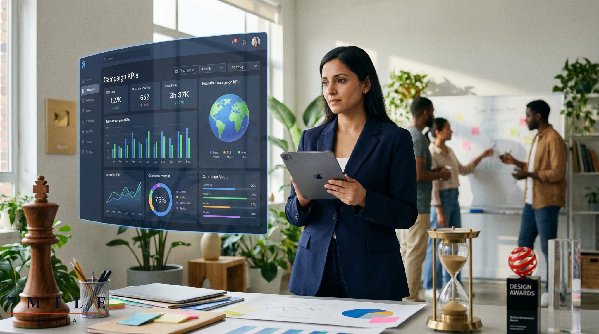 Marketing strategist reviews campaign KPIs on a digital dashboard in a creative workspace
